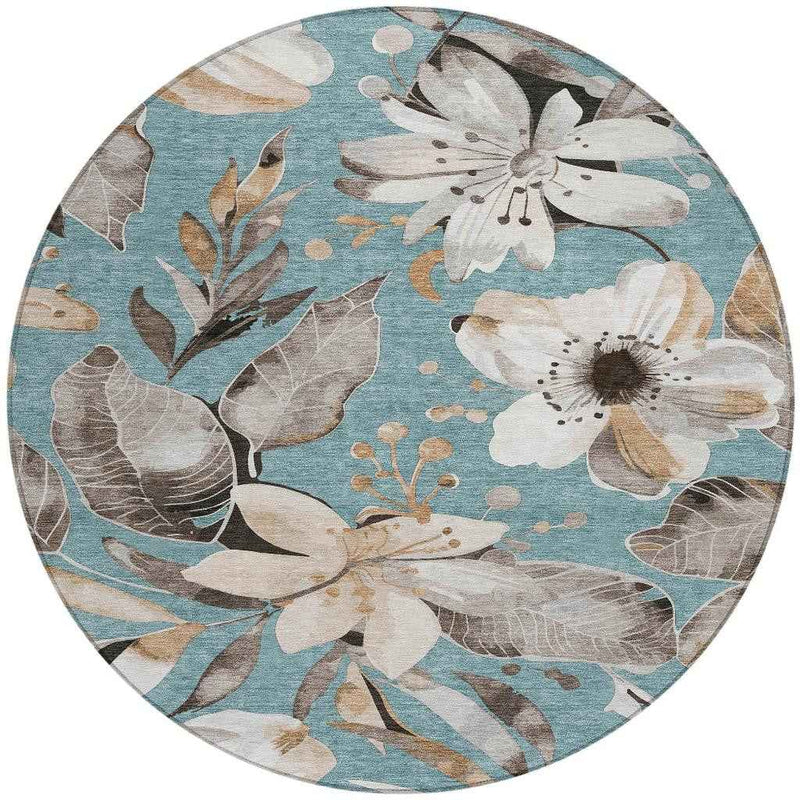 8' Teal Blue Ivory And Charcoal Round Floral Washable Indoor Outdoor Area Rug
