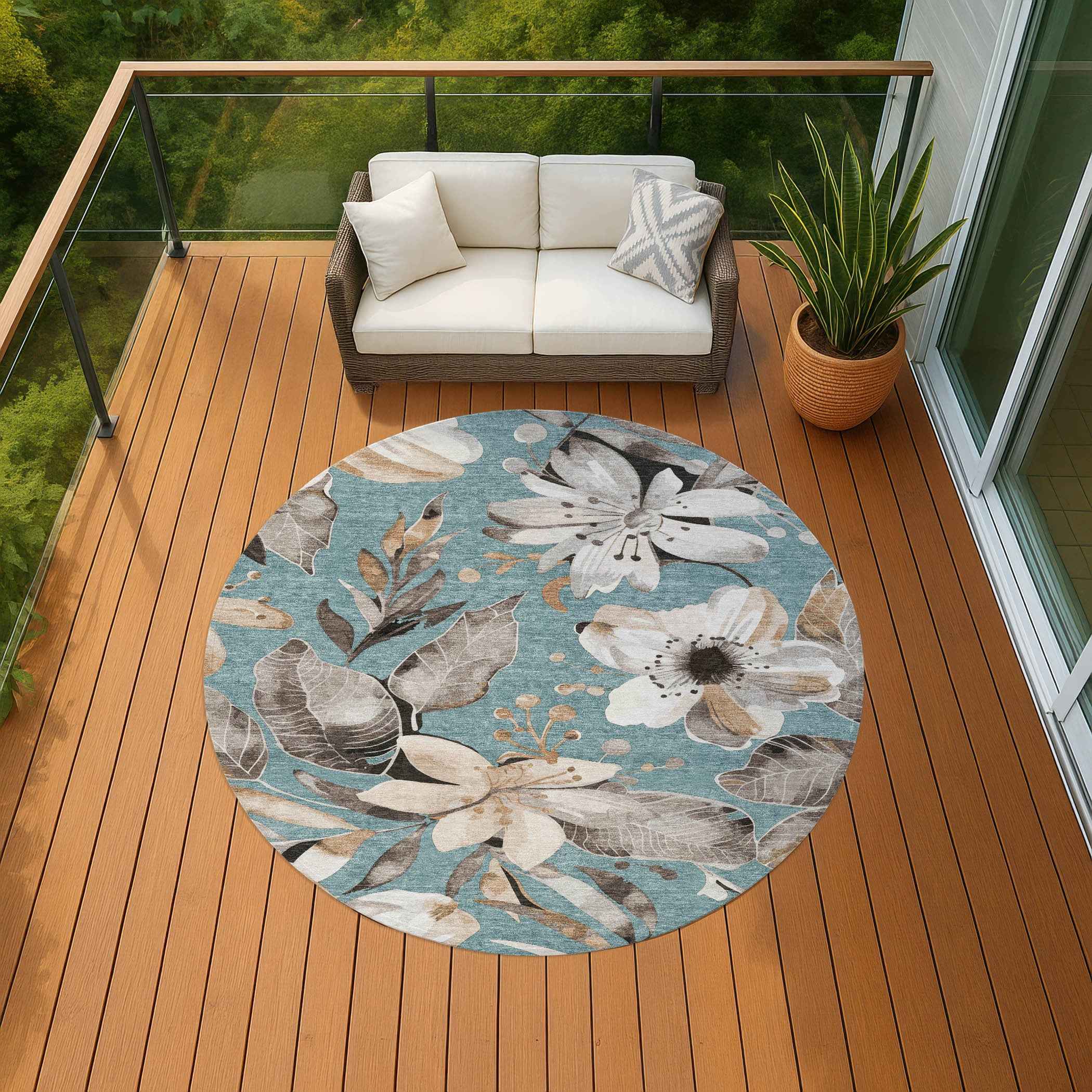 8' Teal Blue Ivory And Charcoal Round Floral Washable Indoor Outdoor Area Rug