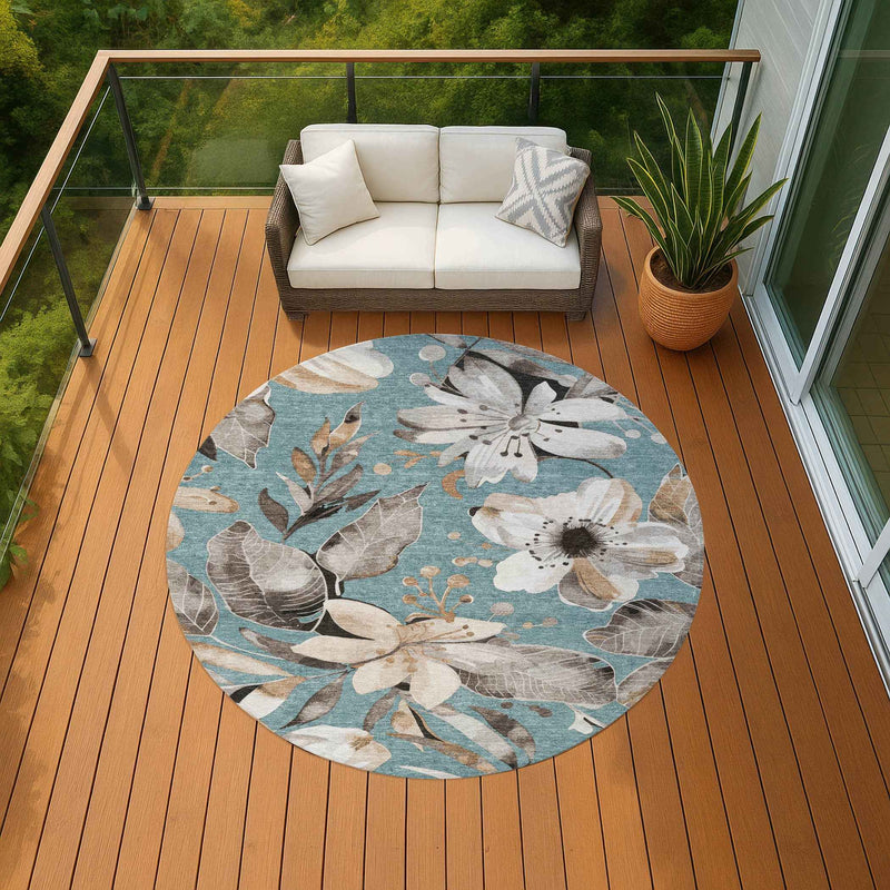 8' Teal Blue Ivory And Charcoal Round Floral Washable Indoor Outdoor Area Rug