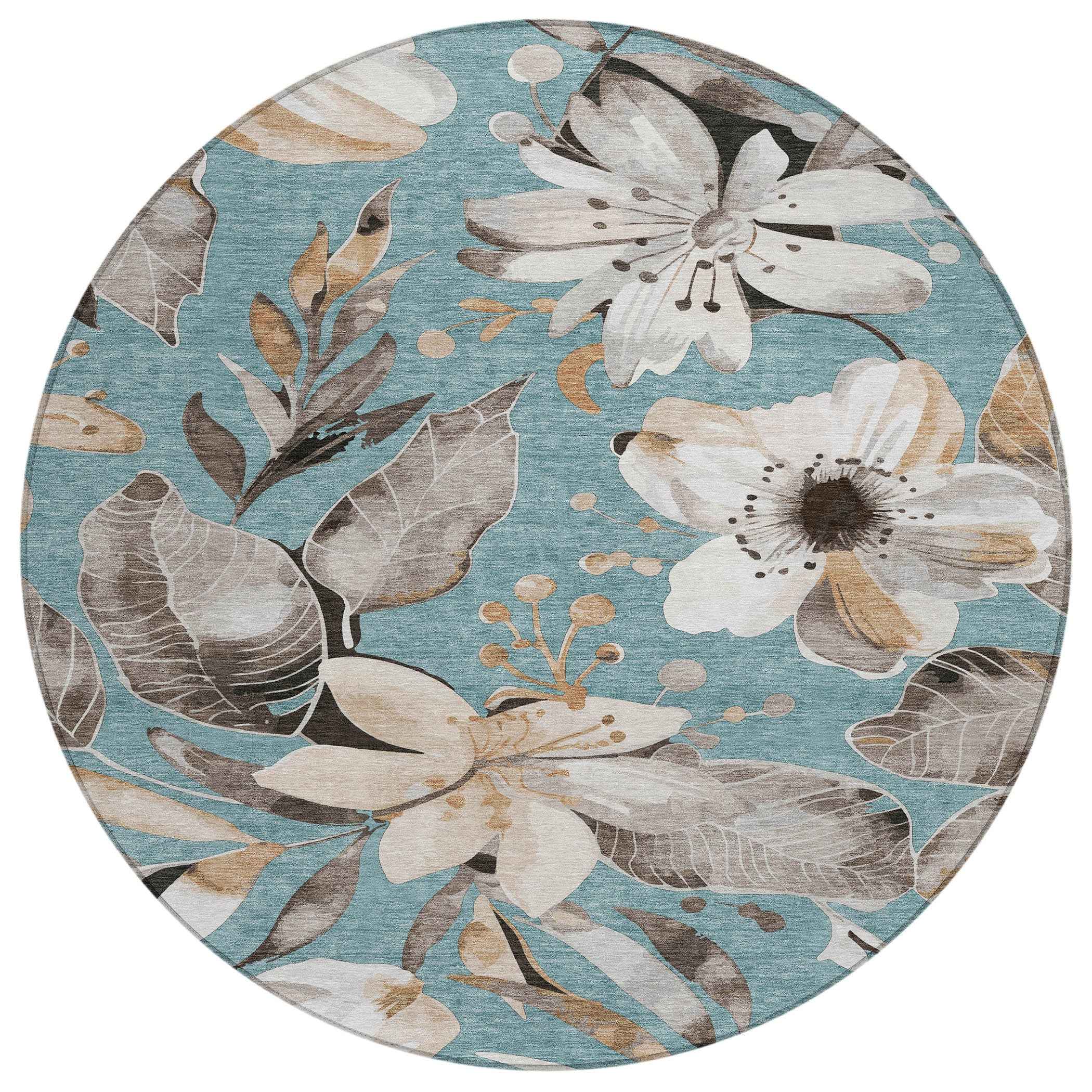 8' Teal Blue Ivory And Charcoal Round Floral Washable Indoor Outdoor Area Rug
