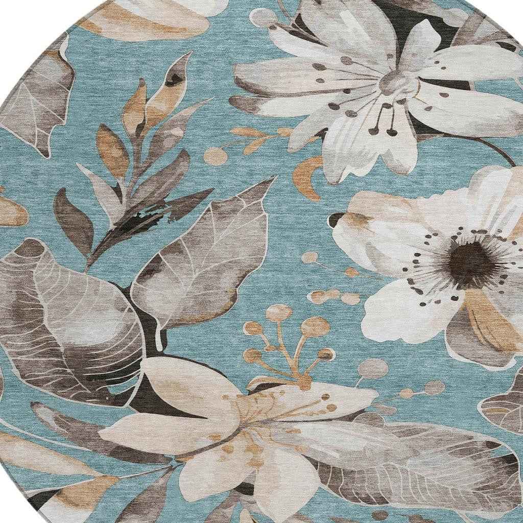 8' Teal Blue Ivory And Charcoal Round Floral Washable Indoor Outdoor Area Rug