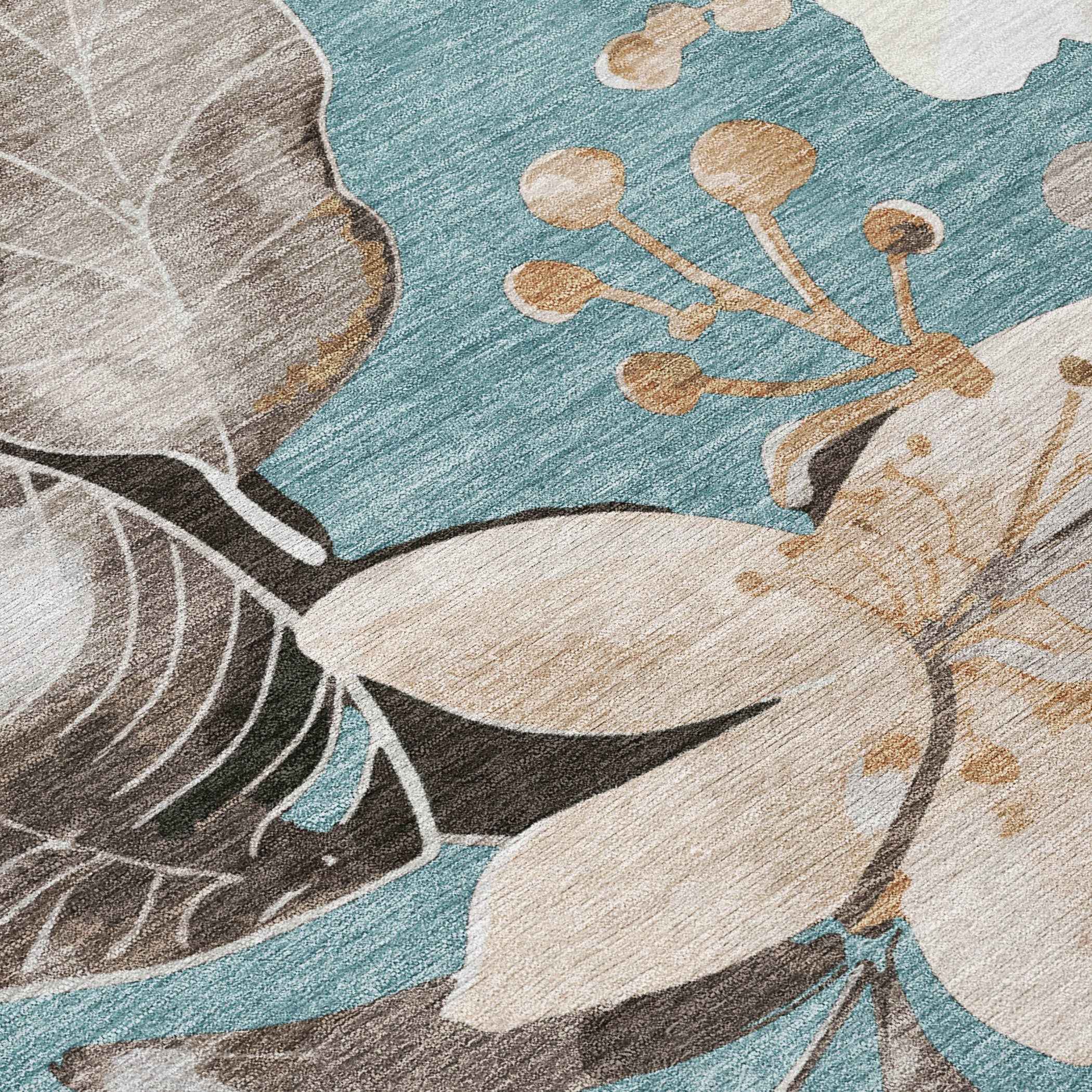 8' Teal Blue Ivory And Charcoal Round Floral Washable Indoor Outdoor Area Rug