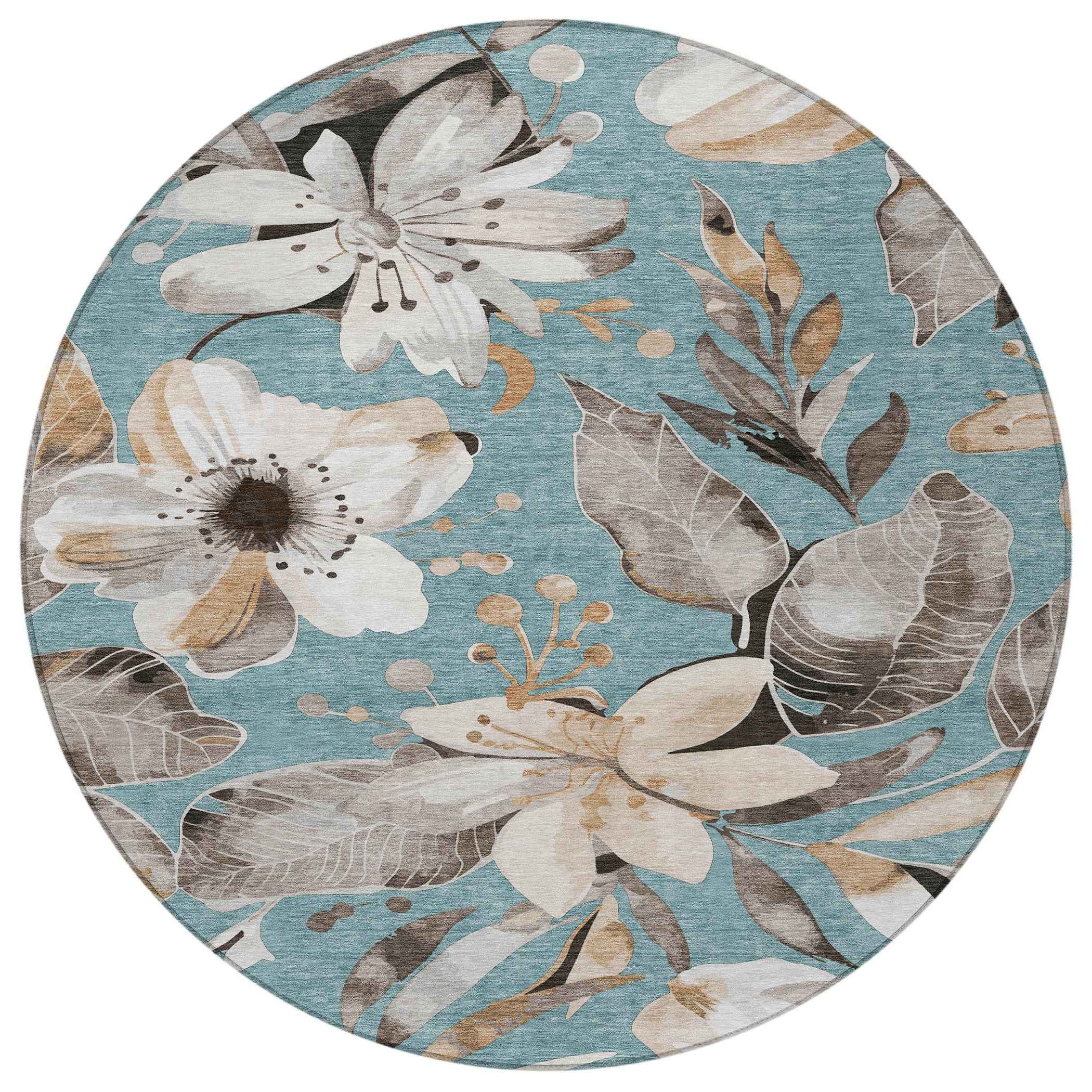 8' Teal Blue Ivory And Charcoal Round Floral Washable Indoor Outdoor Area Rug