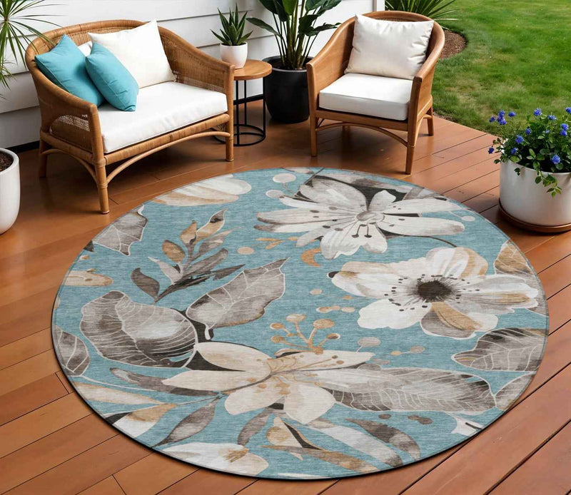 8' Teal Blue Ivory And Charcoal Round Floral Washable Indoor Outdoor Area Rug