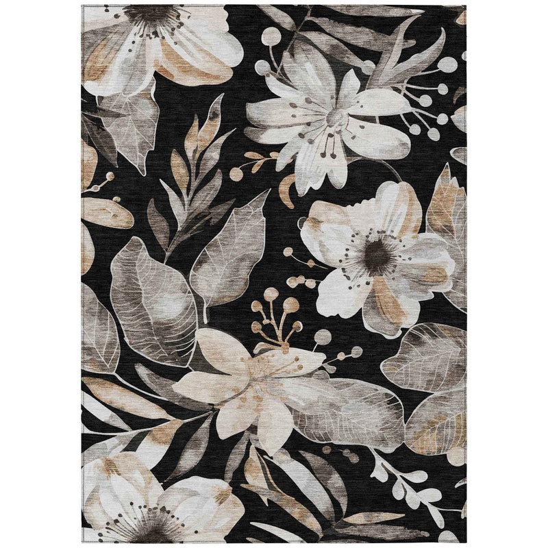 3' X 5' Black Ivory And Gold Floral Washable Indoor Outdoor Area Rug