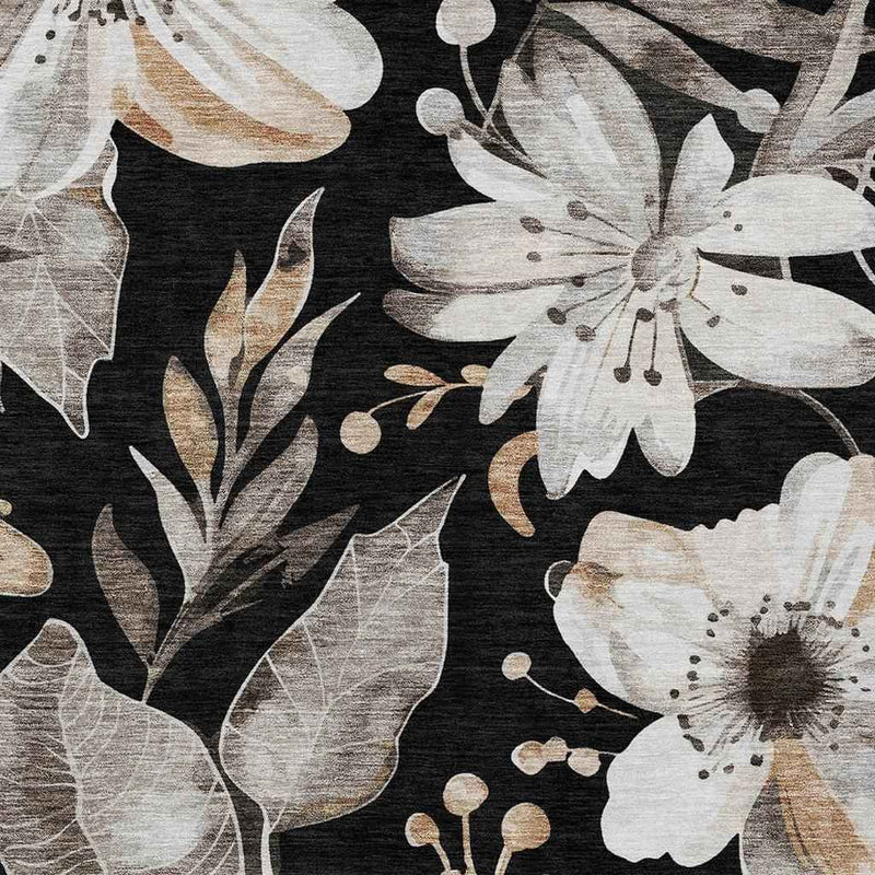 3' X 5' Black Ivory And Gold Floral Washable Indoor Outdoor Area Rug