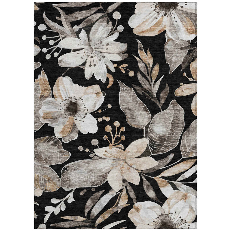 3' X 5' Black Ivory And Gold Floral Washable Indoor Outdoor Area Rug