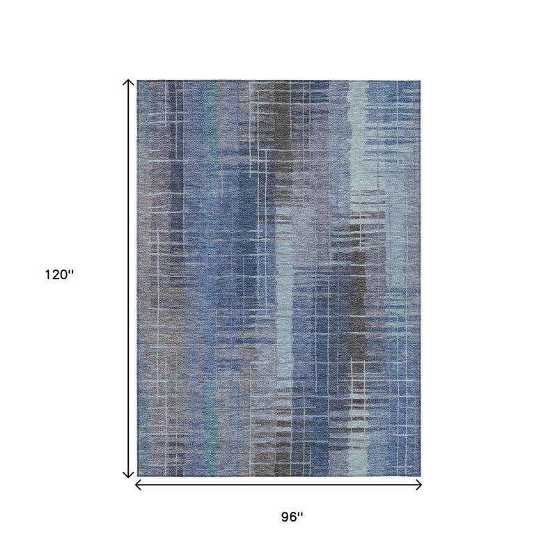 8' X 10' Denim Blue And Sky Blue Striped Washable Indoor Outdoor Area Rug