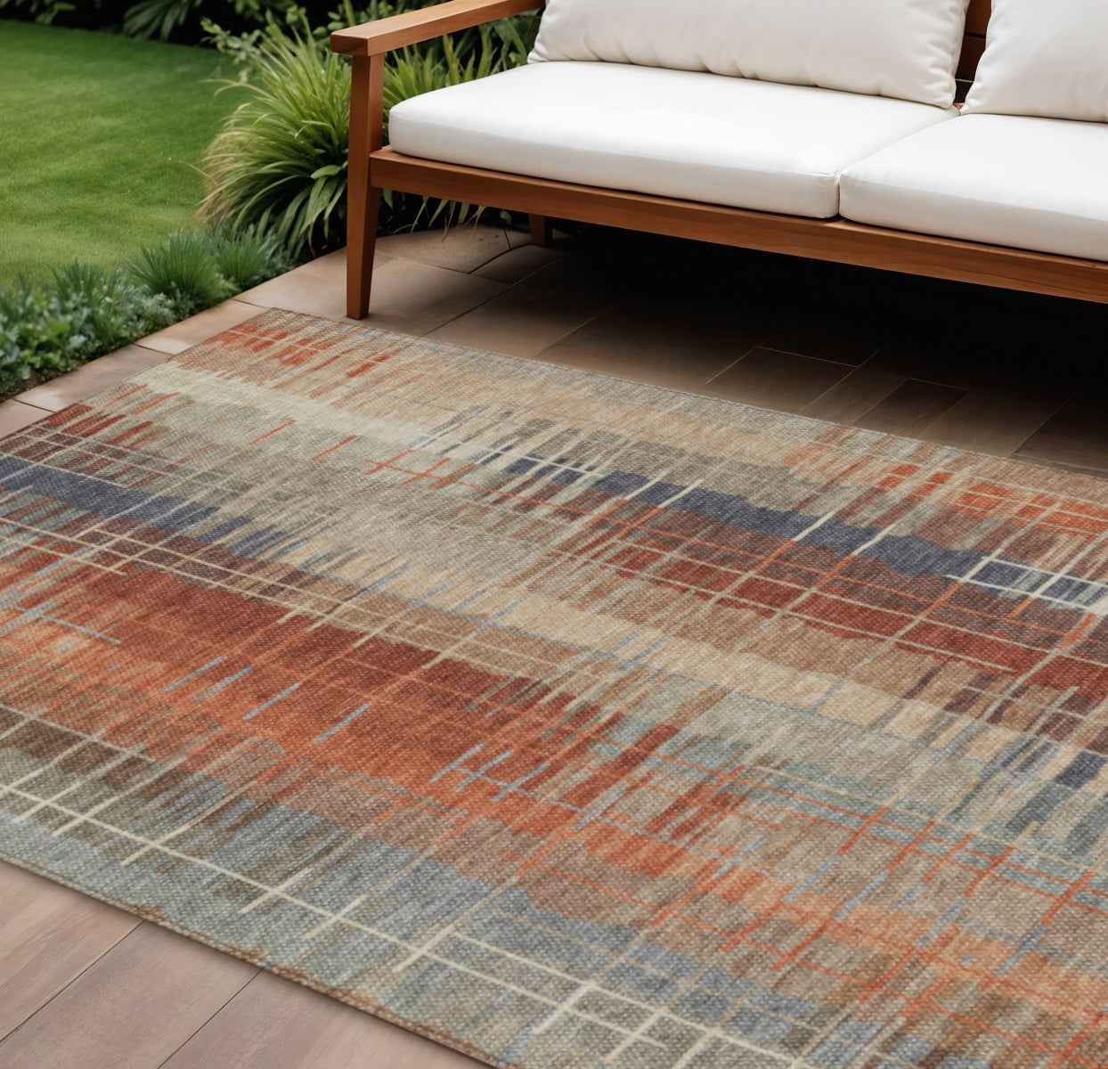 9' X 12' Khaki And Rust Striped Washable Indoor Outdoor Area Rug