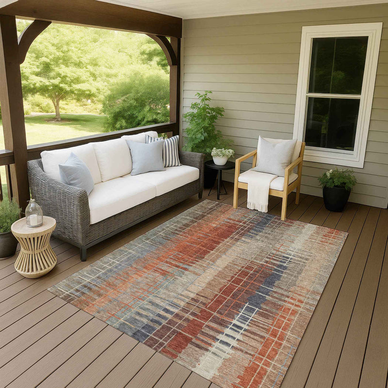 9' X 12' Khaki And Rust Striped Washable Indoor Outdoor Area Rug
