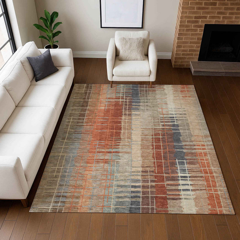 9' X 12' Khaki And Rust Striped Washable Indoor Outdoor Area Rug