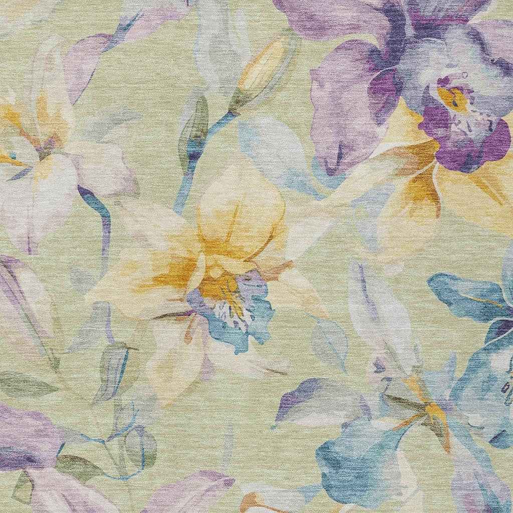 9' X 12' Artichoke Green Gold And Lavender Floral Washable Indoor Outdoor Area Rug