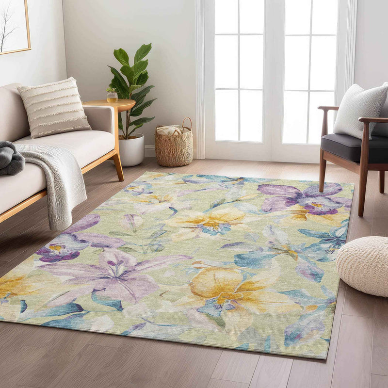 9' X 12' Artichoke Green Gold And Lavender Floral Washable Indoor Outdoor Area Rug