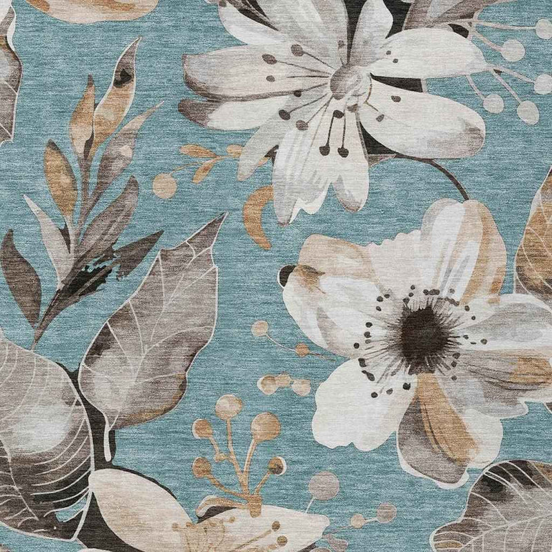 3' X 5' Teal Blue Ivory And Charcoal Floral Washable Indoor Outdoor Area Rug