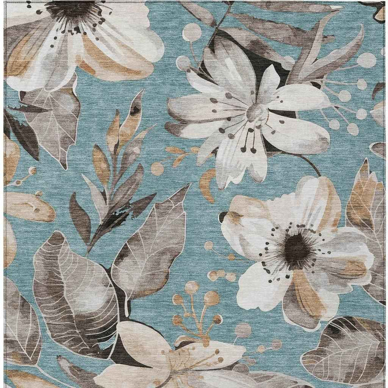 3' X 5' Teal Blue Ivory And Charcoal Floral Washable Indoor Outdoor Area Rug