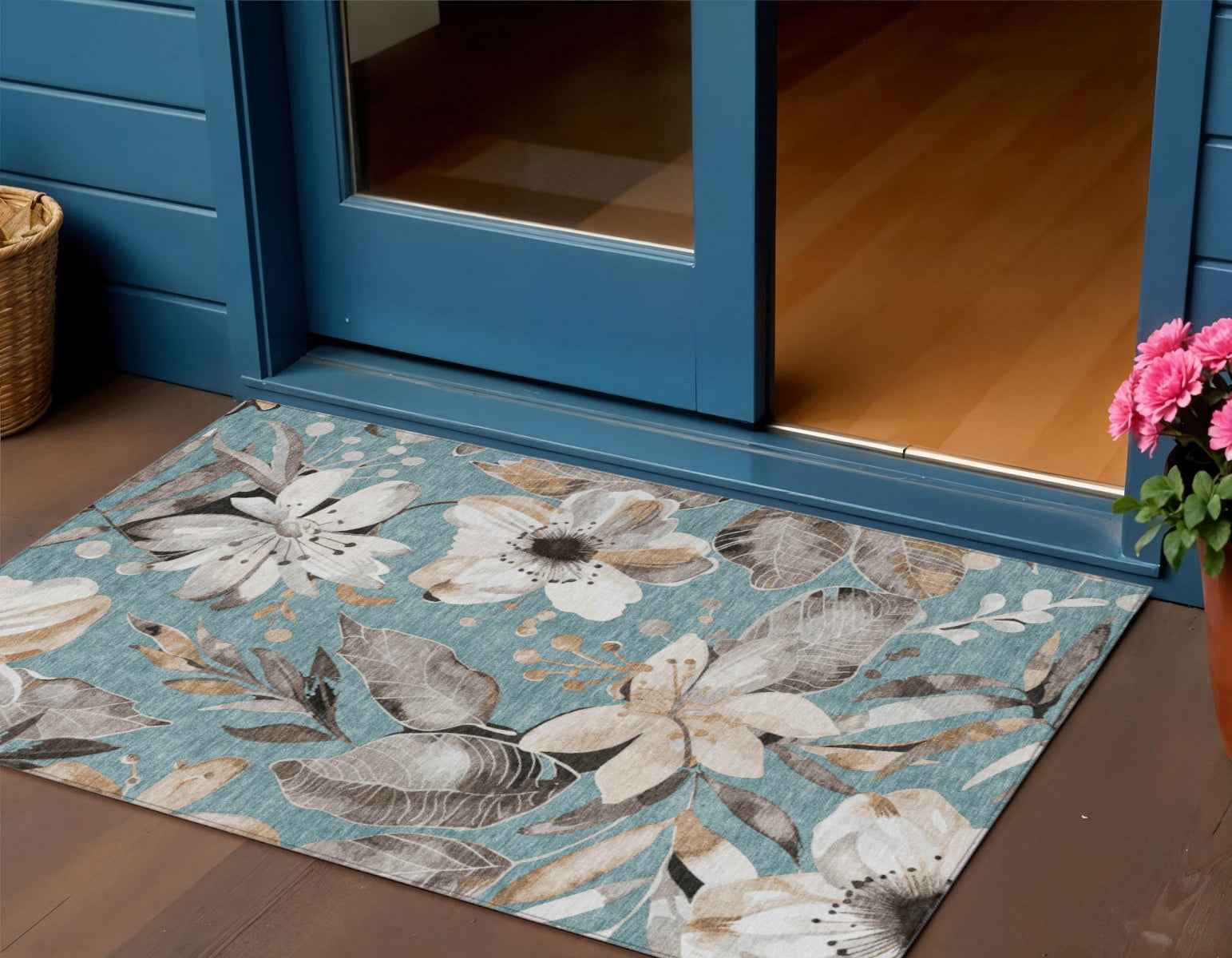 3' X 5' Teal Blue Ivory And Charcoal Floral Washable Indoor Outdoor Area Rug