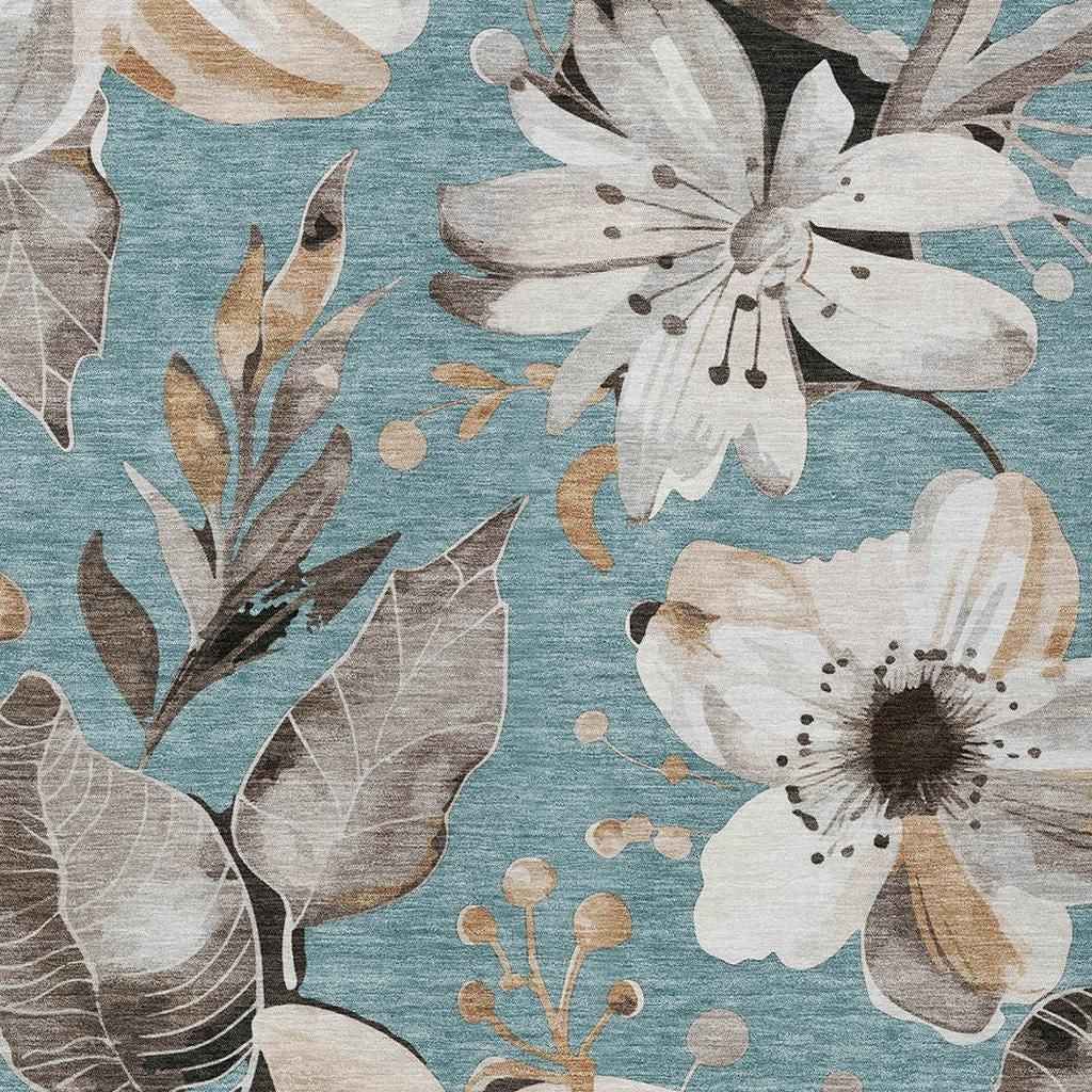3' X 5' Teal Blue Ivory And Charcoal Floral Washable Indoor Outdoor Area Rug