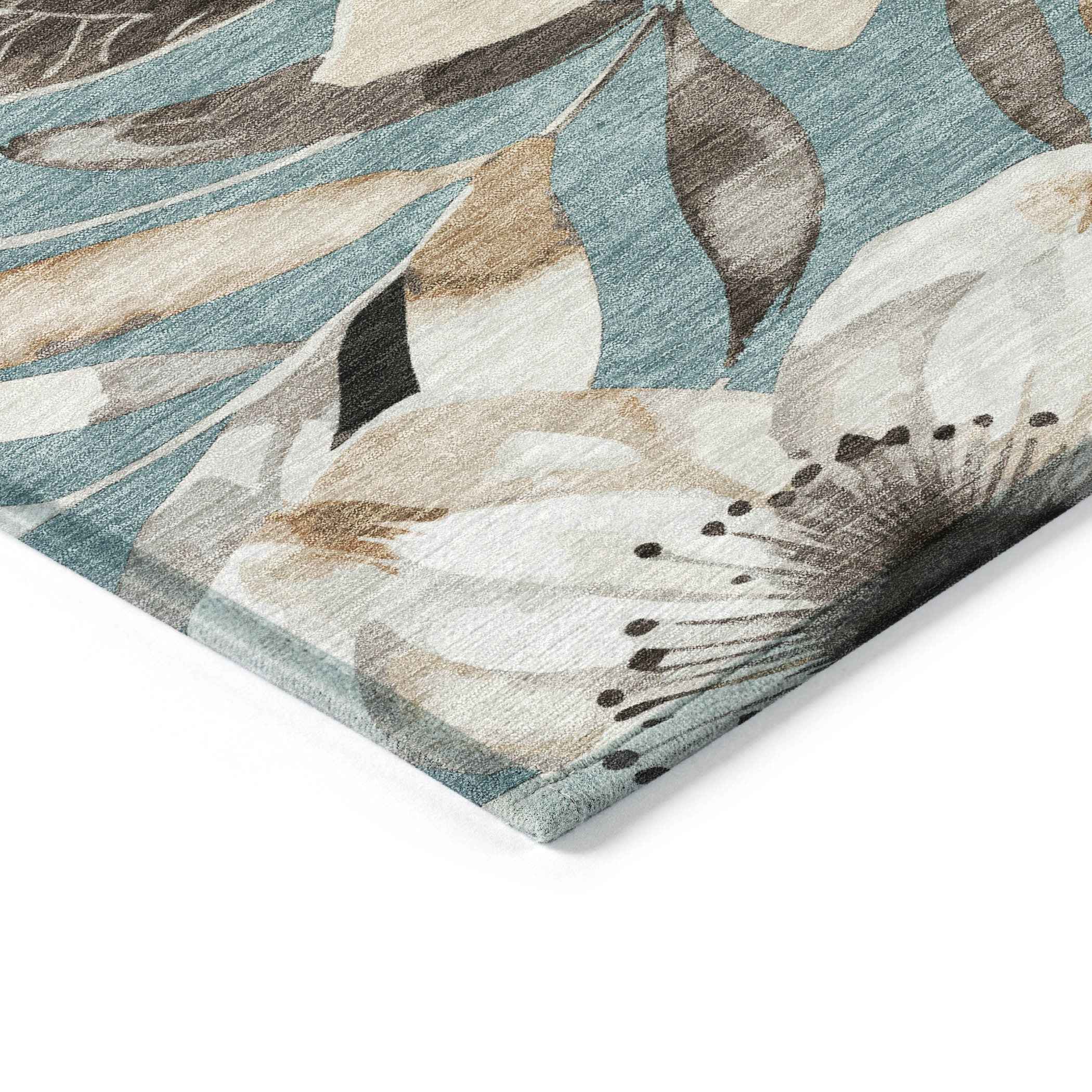 3' X 5' Teal Blue Ivory And Charcoal Floral Washable Indoor Outdoor Area Rug