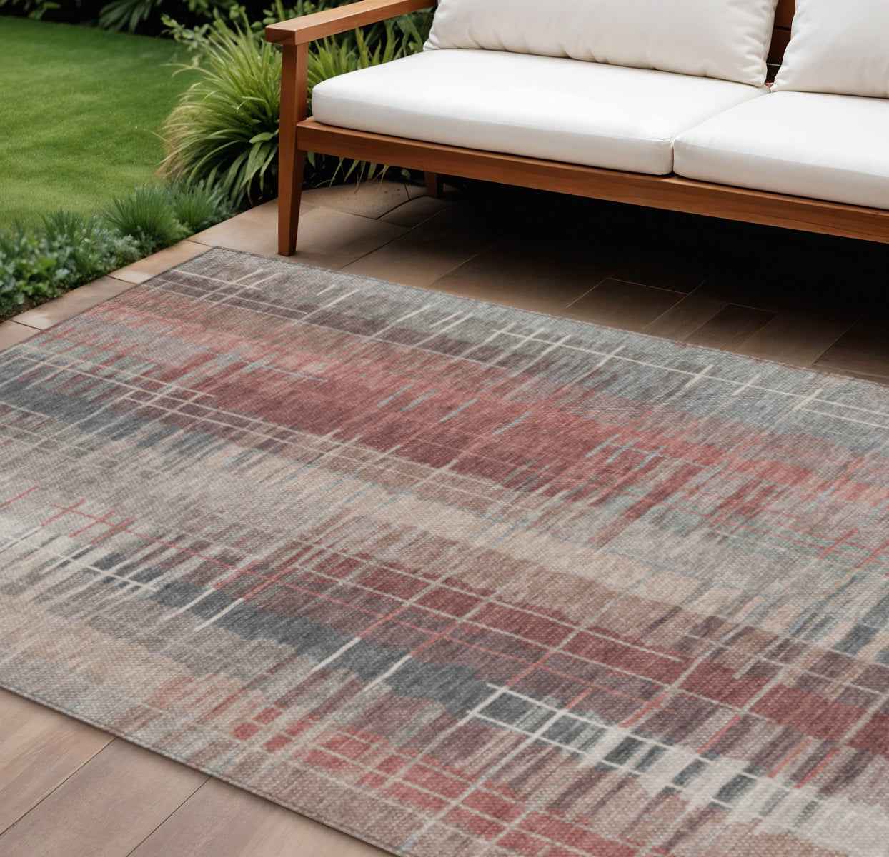 8' X 10' Rust Ivory And Gray Striped Washable Indoor Outdoor Area Rug