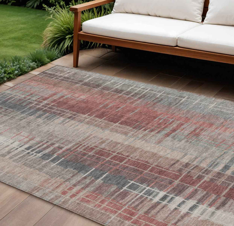 8' X 10' Rust Ivory And Gray Striped Washable Indoor Outdoor Area Rug