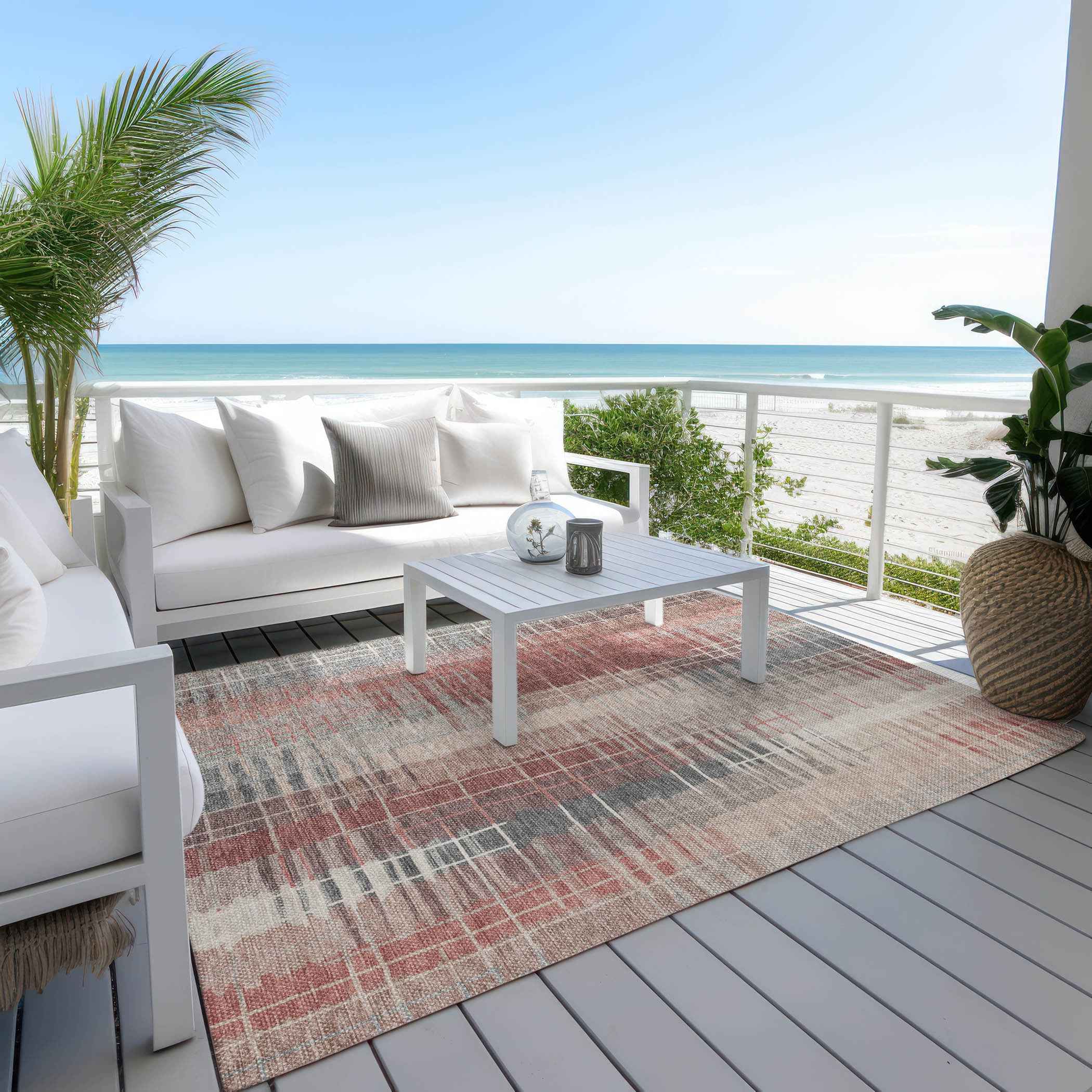 8' X 10' Rust Ivory And Gray Striped Washable Indoor Outdoor Area Rug