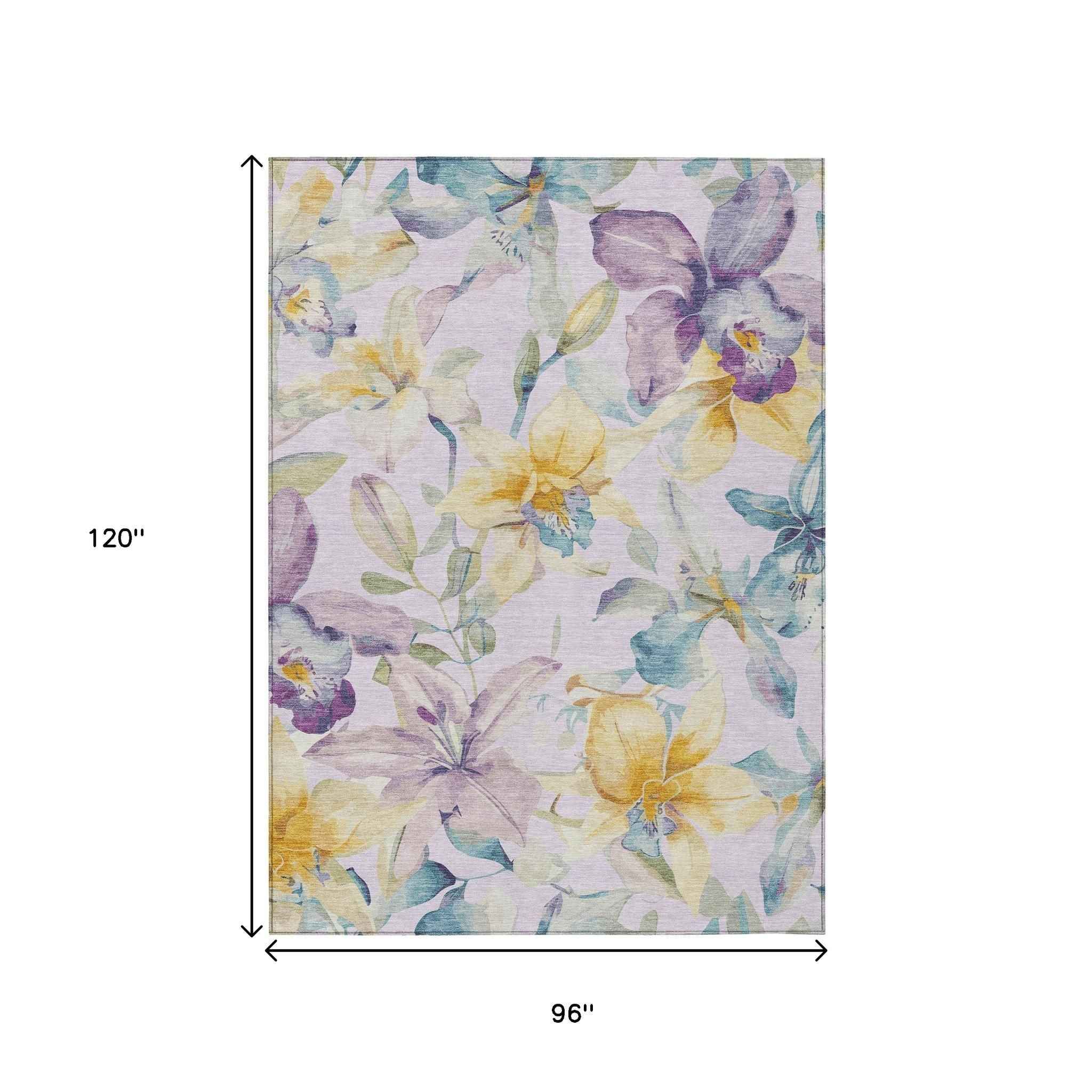 8' X 10' Lavender Gold And Ivory Floral Washable Indoor Outdoor Area Rug