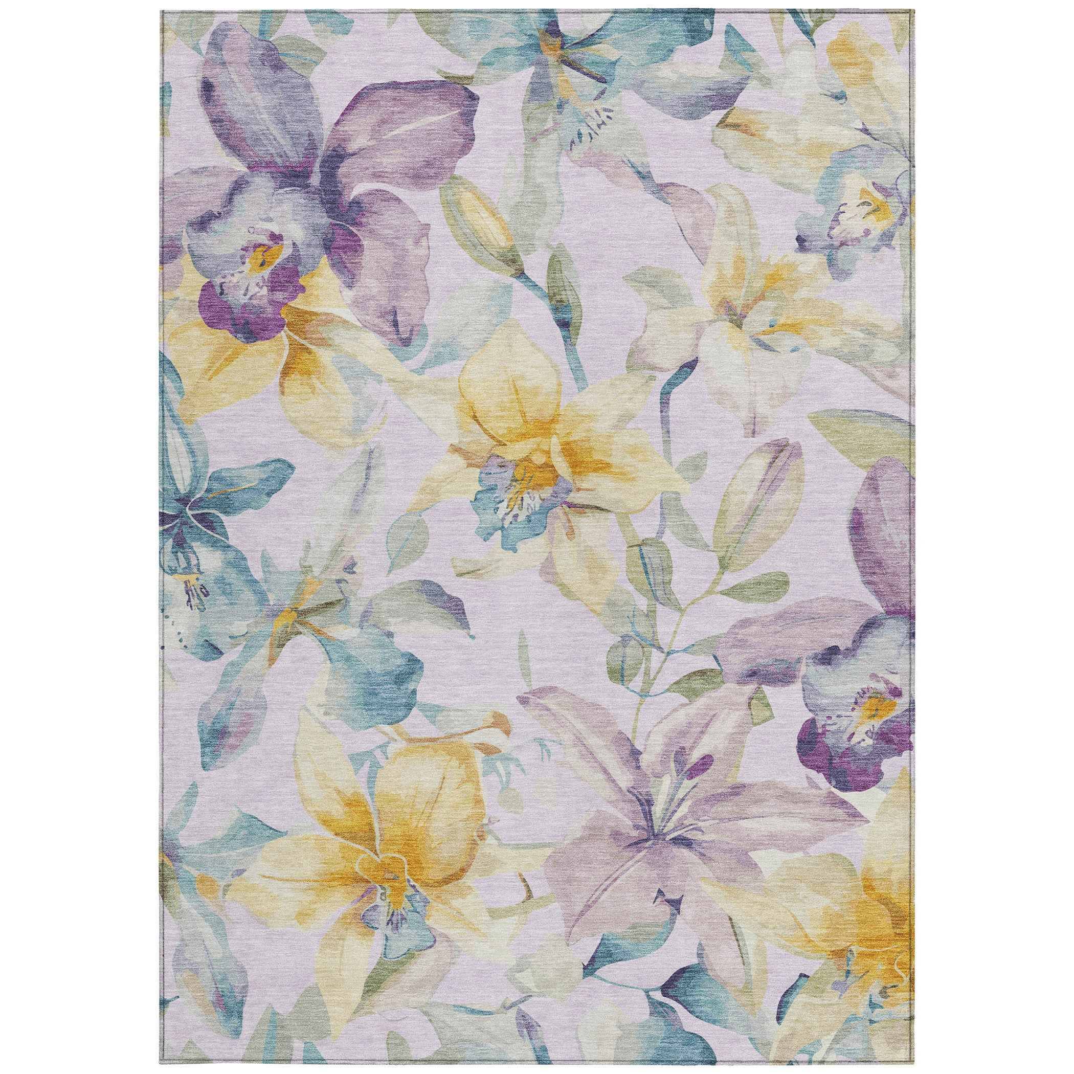 8' X 10' Lavender Gold And Ivory Floral Washable Indoor Outdoor Area Rug