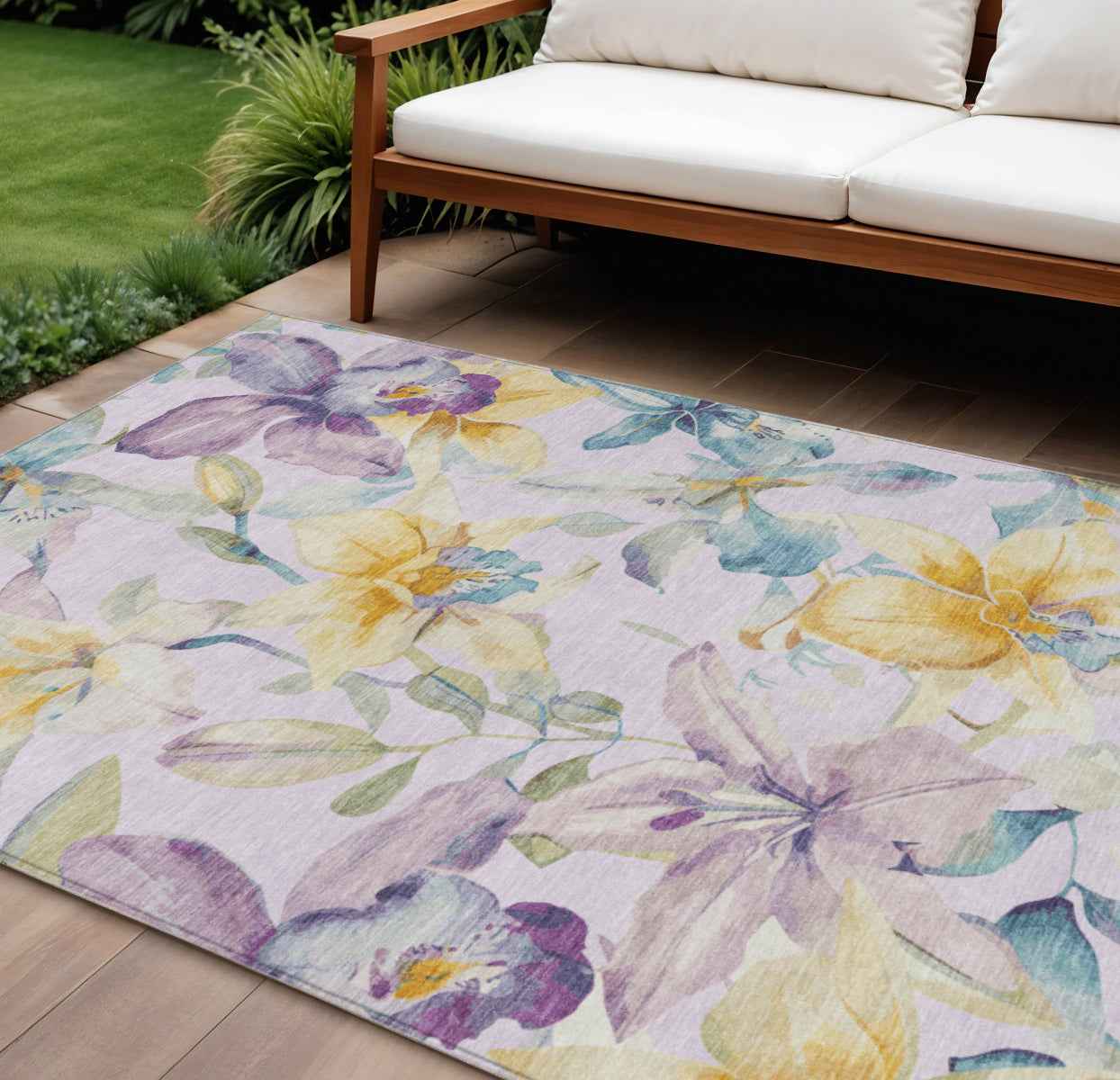 8' X 10' Lavender Gold And Ivory Floral Washable Indoor Outdoor Area Rug