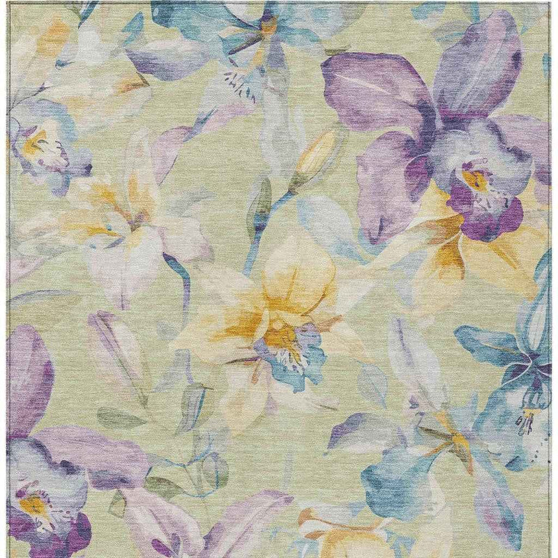 3' X 5' Artichoke Green Gold And Lavender Floral Washable Indoor Outdoor Area Rug