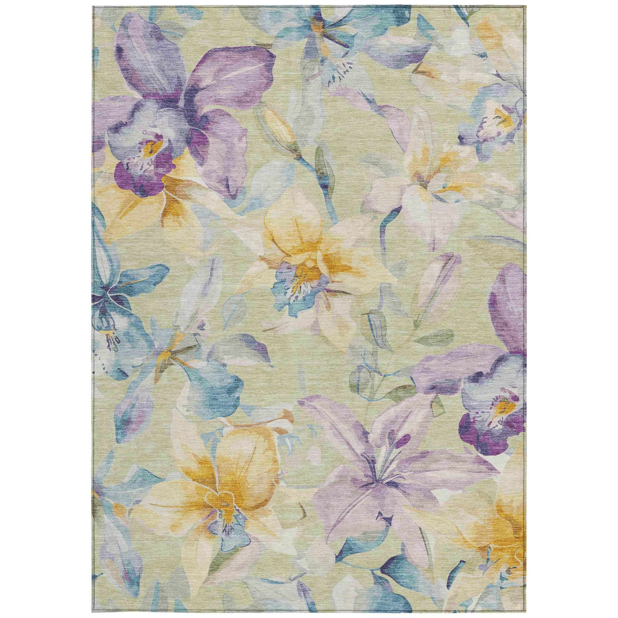 3' X 5' Artichoke Green Gold And Lavender Floral Washable Indoor Outdoor Area Rug