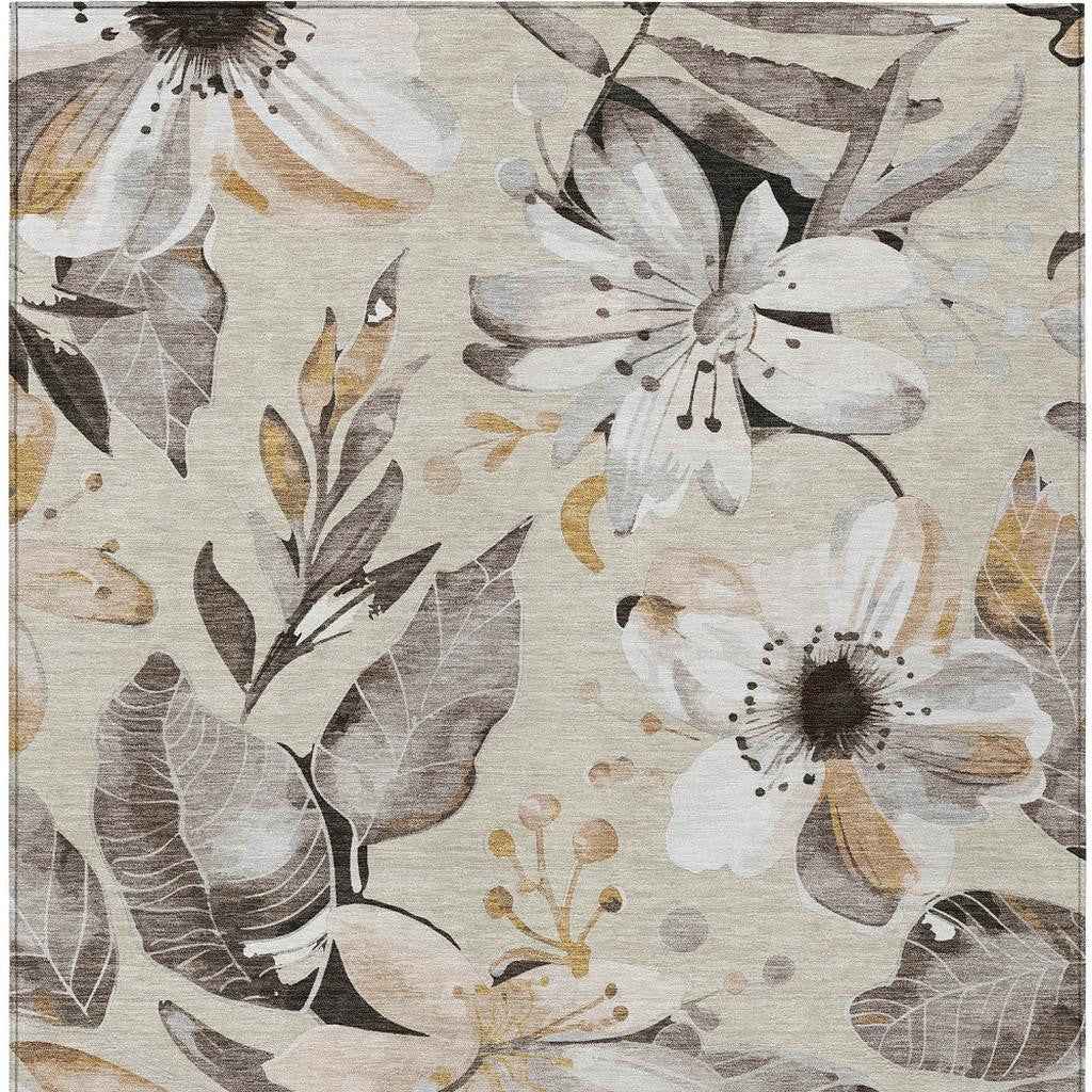 8' X 10' Beige Ivory And Gray Floral Washable Indoor Outdoor Area Rug