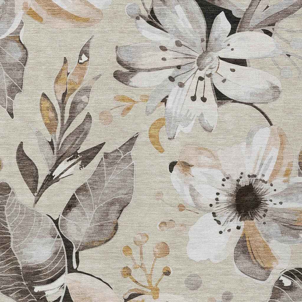8' X 10' Beige Ivory And Gray Floral Washable Indoor Outdoor Area Rug