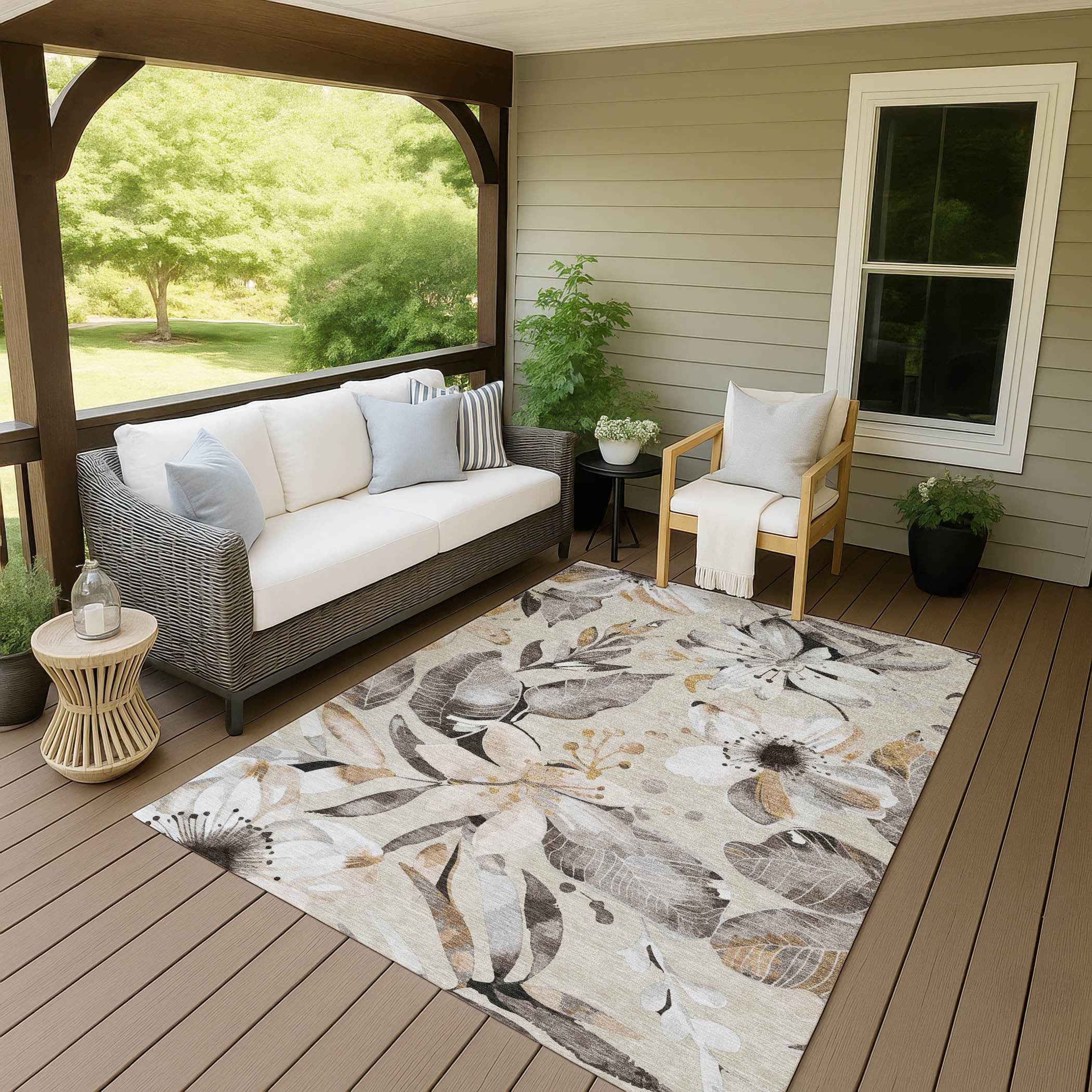8' X 10' Beige Ivory And Gray Floral Washable Indoor Outdoor Area Rug