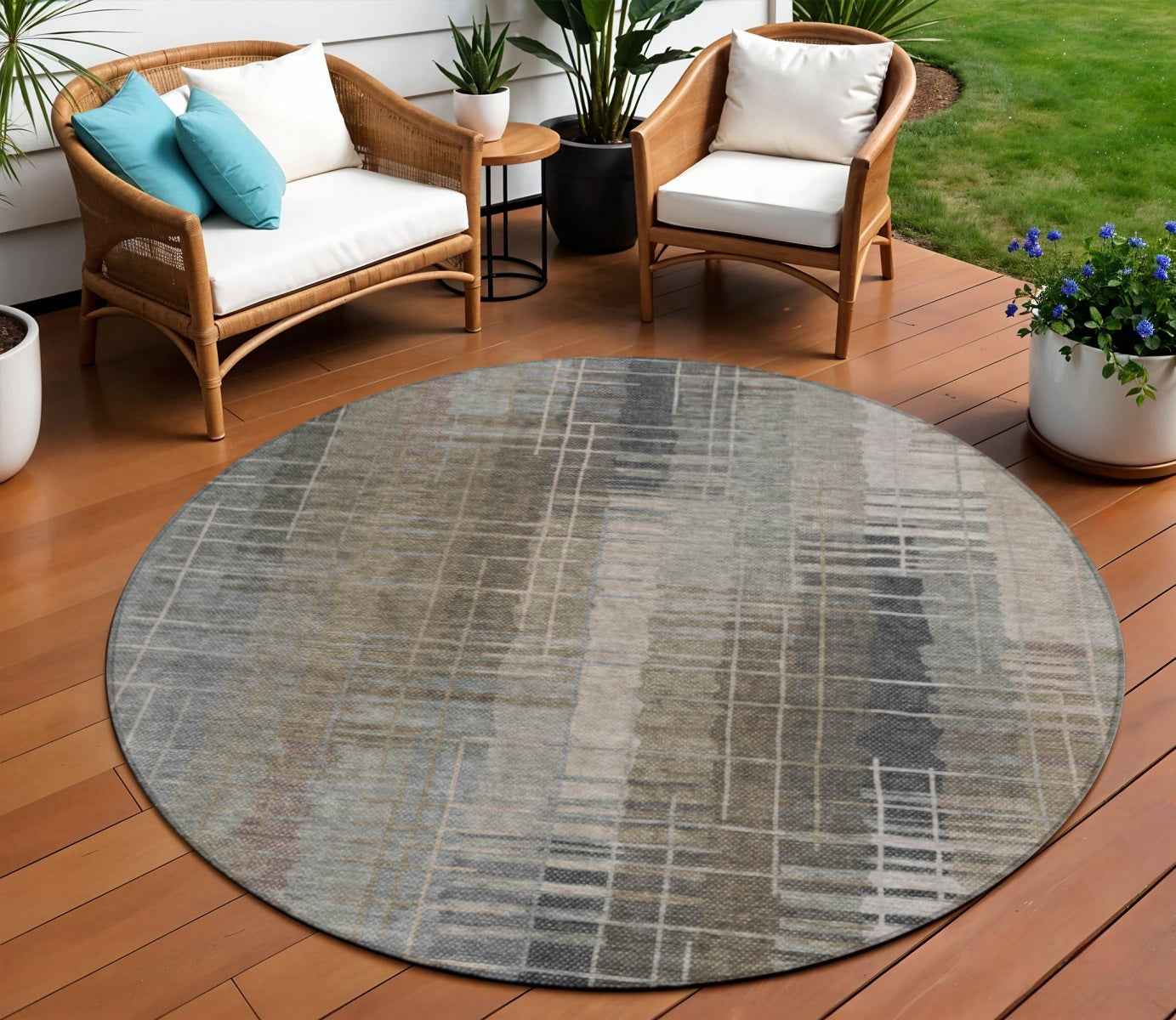 8' Brown And Gray Round Striped Washable Indoor Outdoor Area Rug
