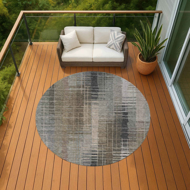 8' Brown And Gray Round Striped Washable Indoor Outdoor Area Rug