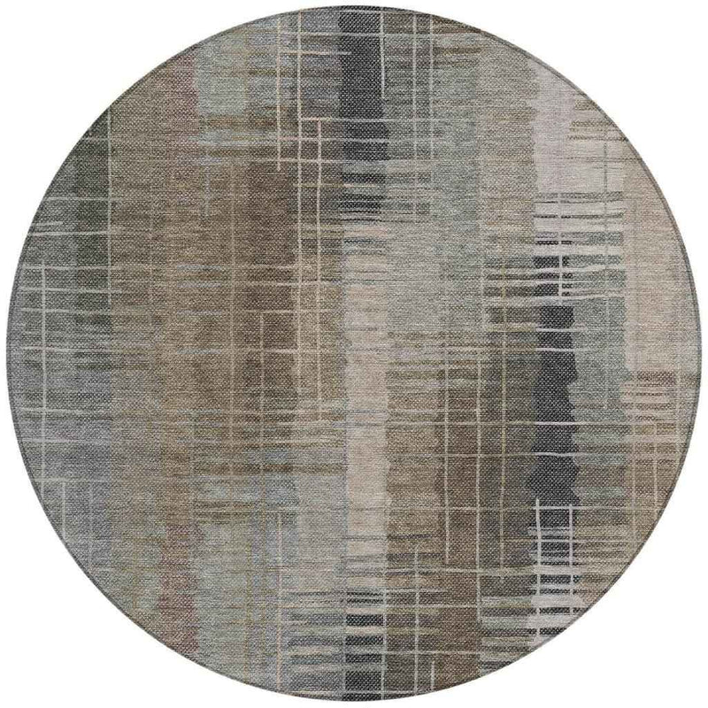8' Brown And Gray Round Striped Washable Indoor Outdoor Area Rug