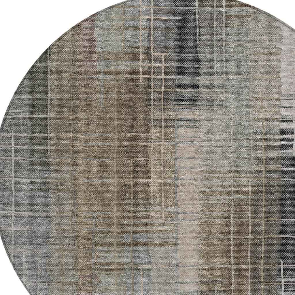 8' Brown And Gray Round Striped Washable Indoor Outdoor Area Rug