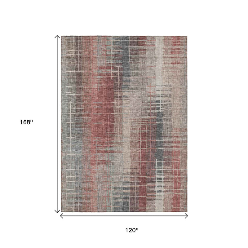 10' X 14' Rust Ivory And Gray Striped Washable Indoor Outdoor Area Rug