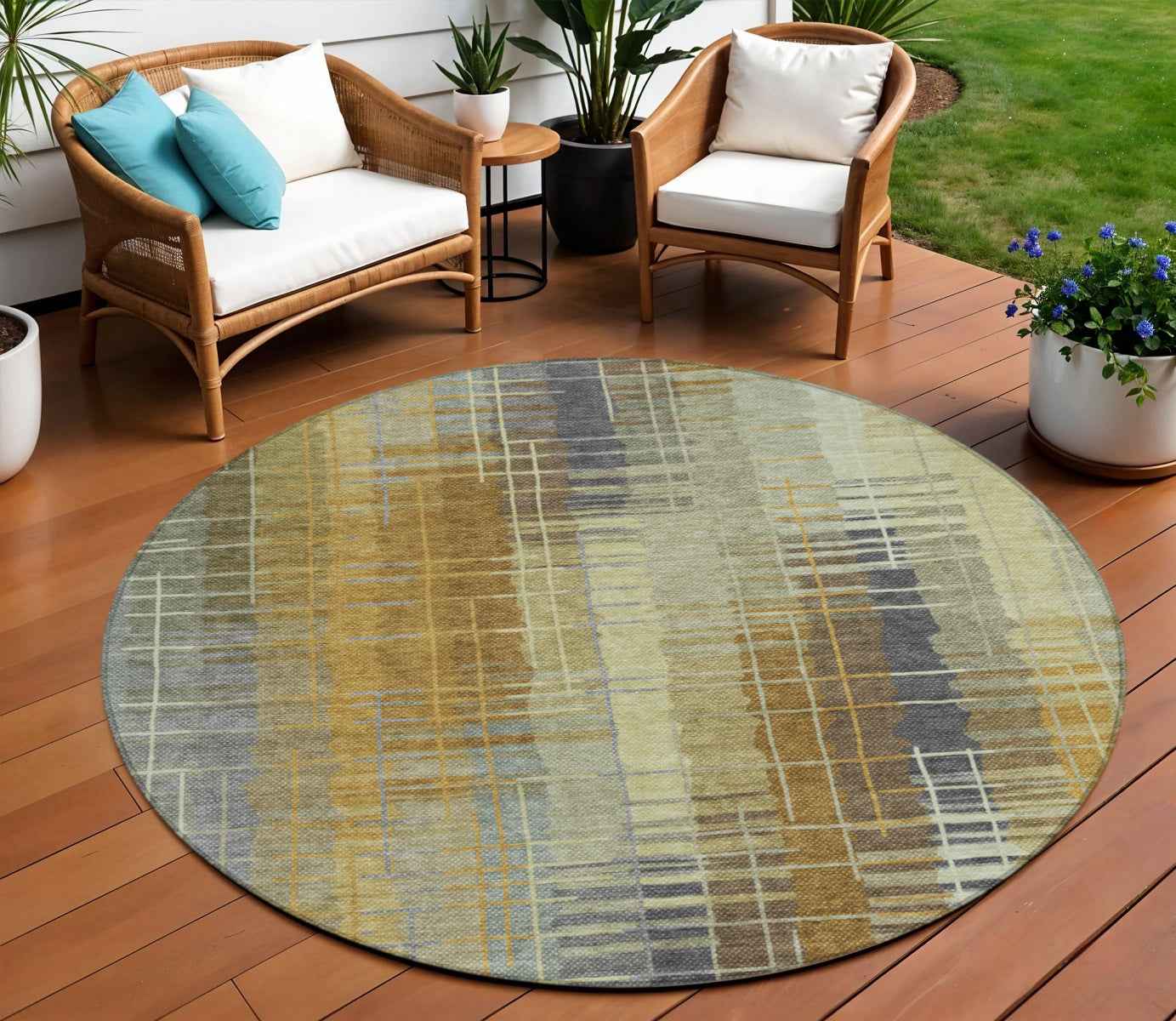 8' Artichoke Green And Gold Round Striped Washable Indoor Outdoor Area Rug