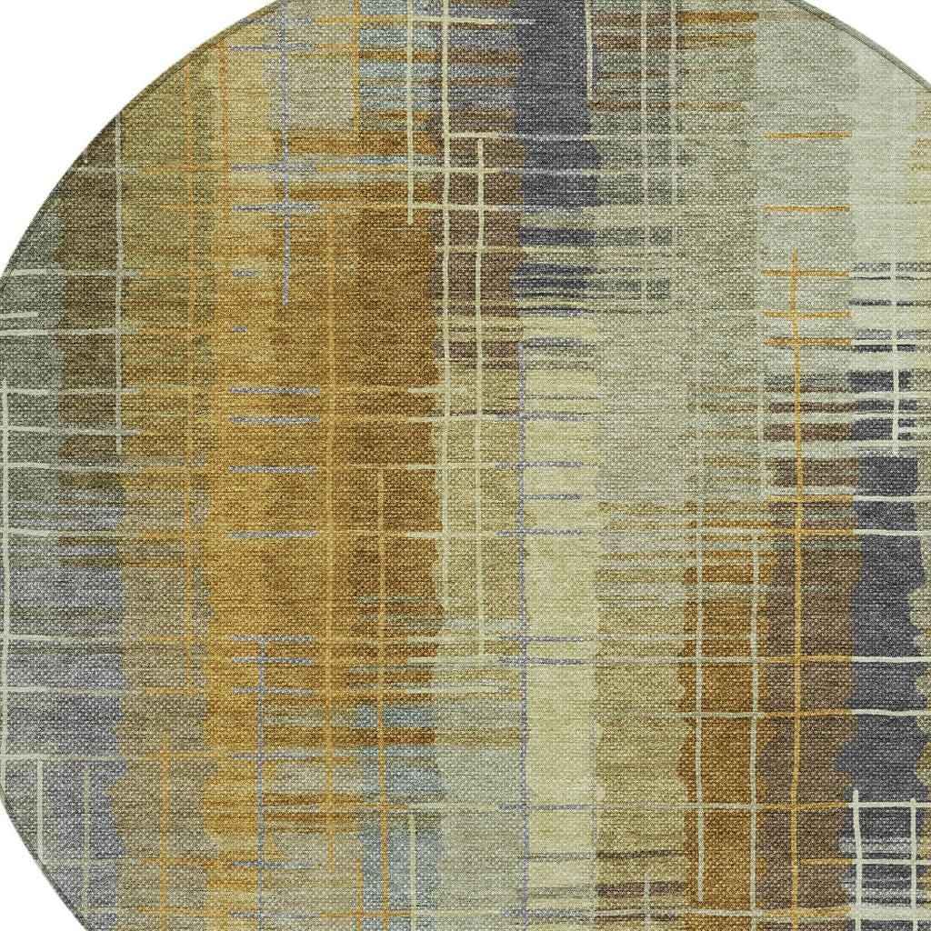 8' Artichoke Green And Gold Round Striped Washable Indoor Outdoor Area Rug