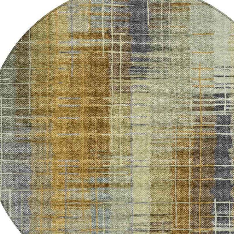 8' Artichoke Green And Gold Round Striped Washable Indoor Outdoor Area Rug