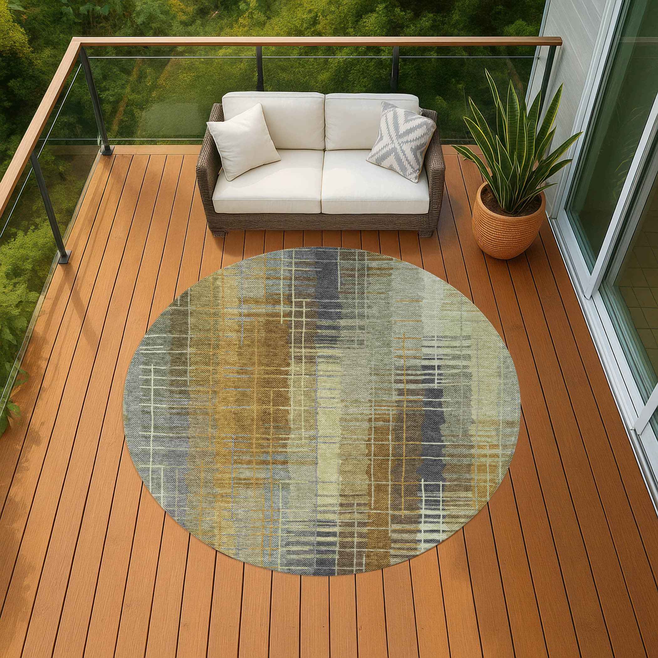 8' Artichoke Green And Gold Round Striped Washable Indoor Outdoor Area Rug