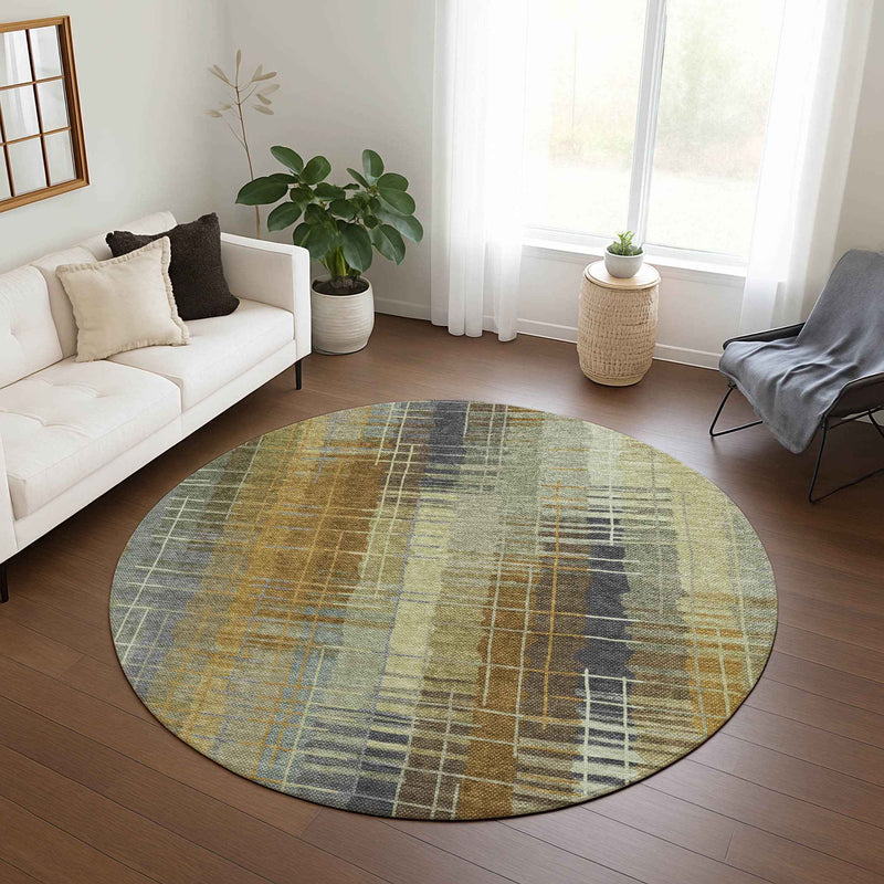8' Artichoke Green And Gold Round Striped Washable Indoor Outdoor Area Rug