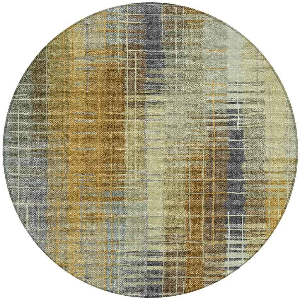 8' Artichoke Green And Gold Round Striped Washable Indoor Outdoor Area Rug