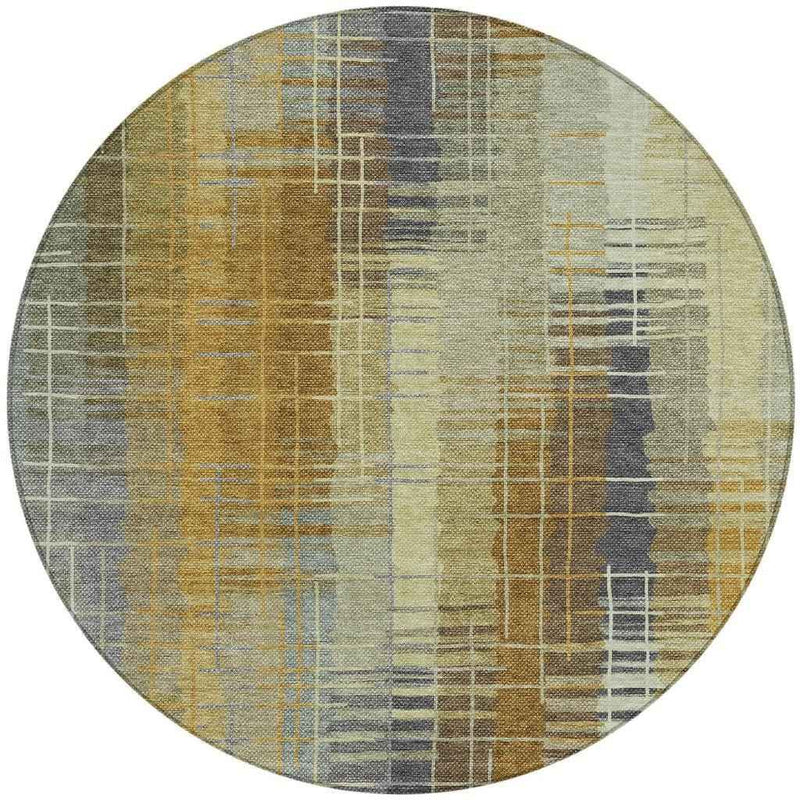 8' Artichoke Green And Gold Round Striped Washable Indoor Outdoor Area Rug