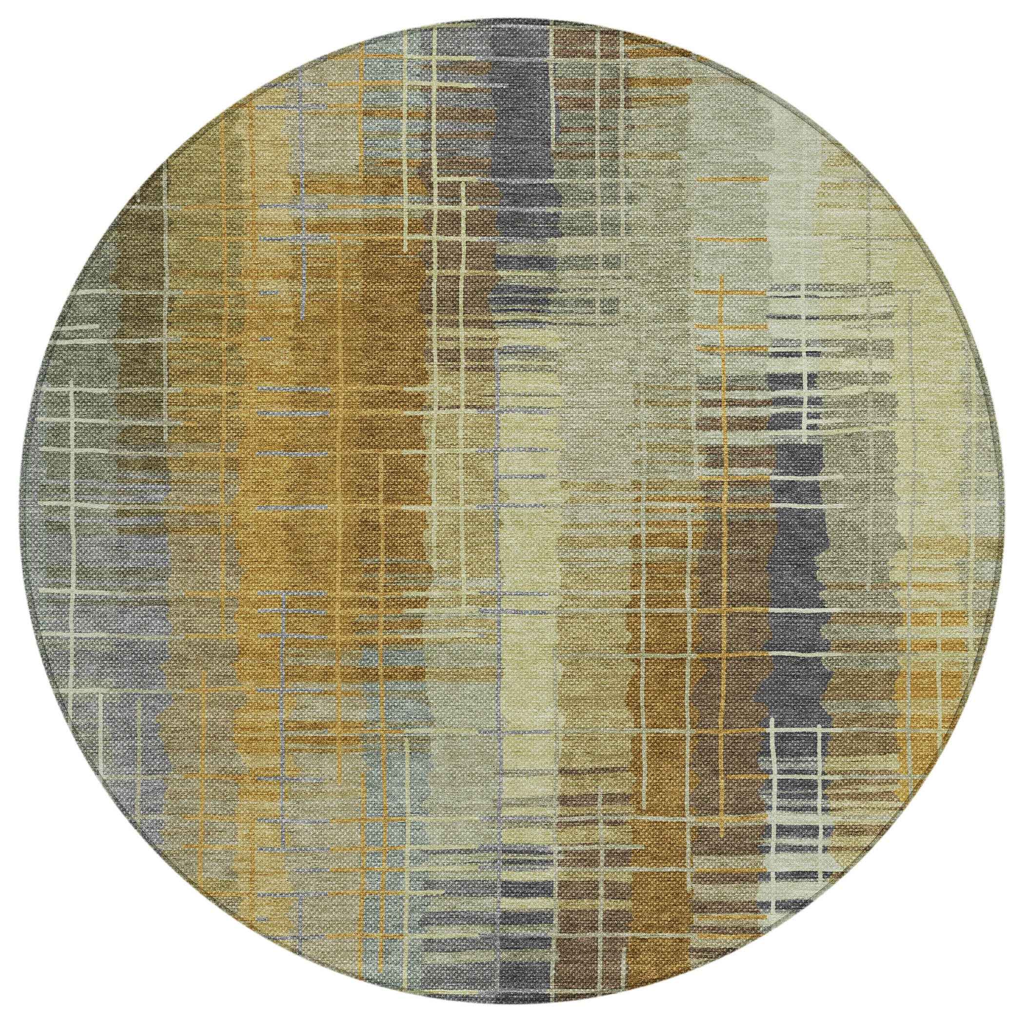 8' Artichoke Green And Gold Round Striped Washable Indoor Outdoor Area Rug