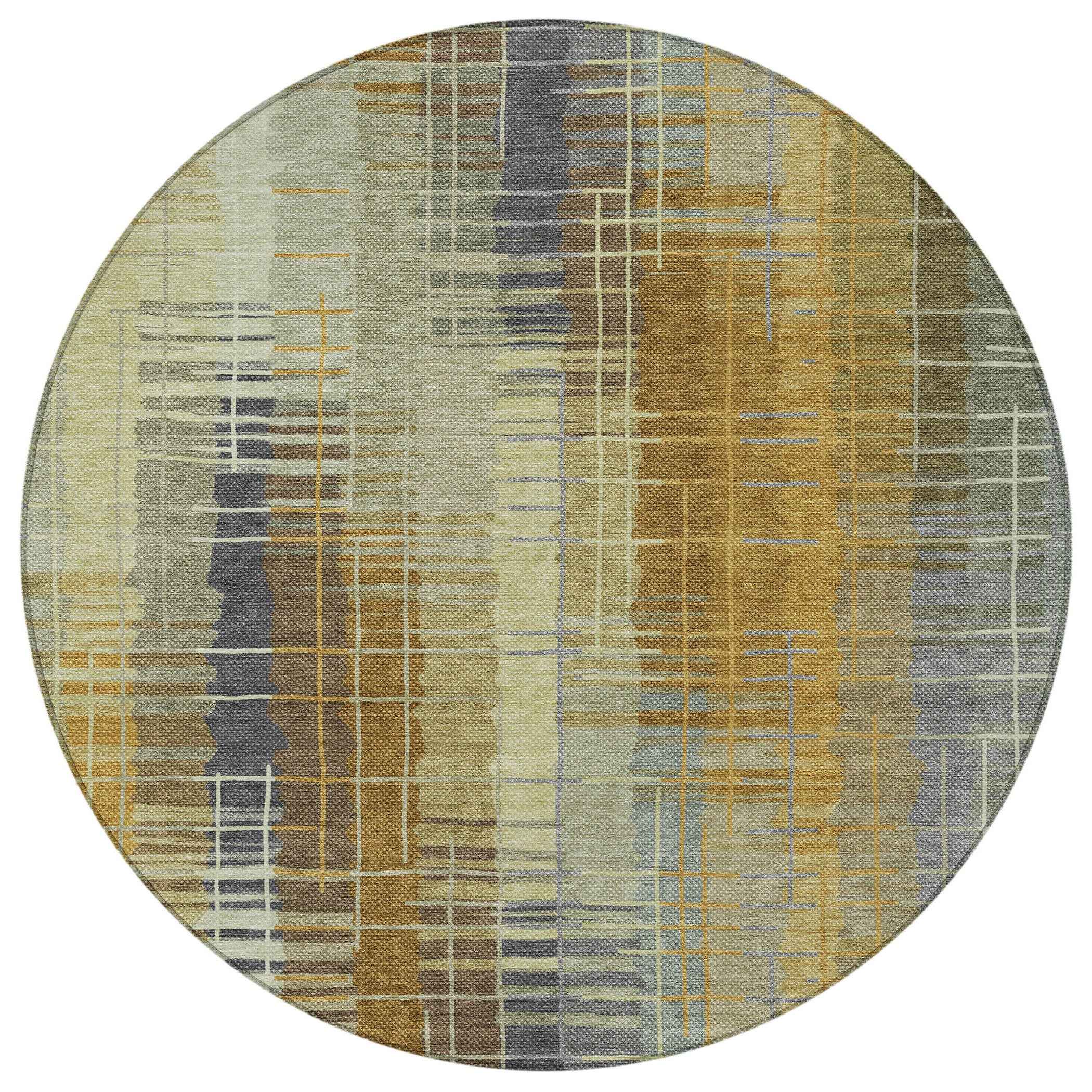 8' Artichoke Green And Gold Round Striped Washable Indoor Outdoor Area Rug