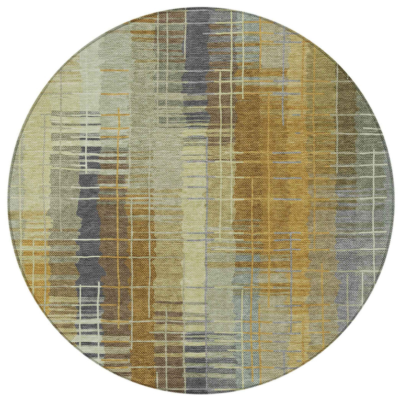 8' Artichoke Green And Gold Round Striped Washable Indoor Outdoor Area Rug