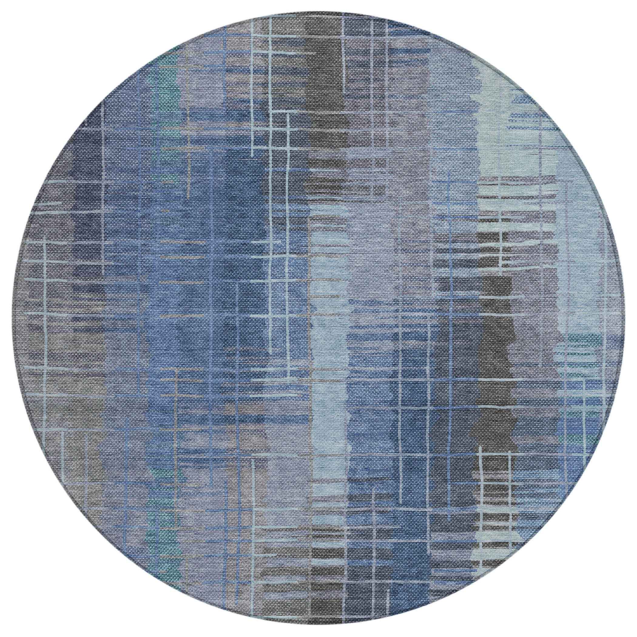 8' Denim Blue And Sky Blue Round Striped Washable Indoor Outdoor Area Rug