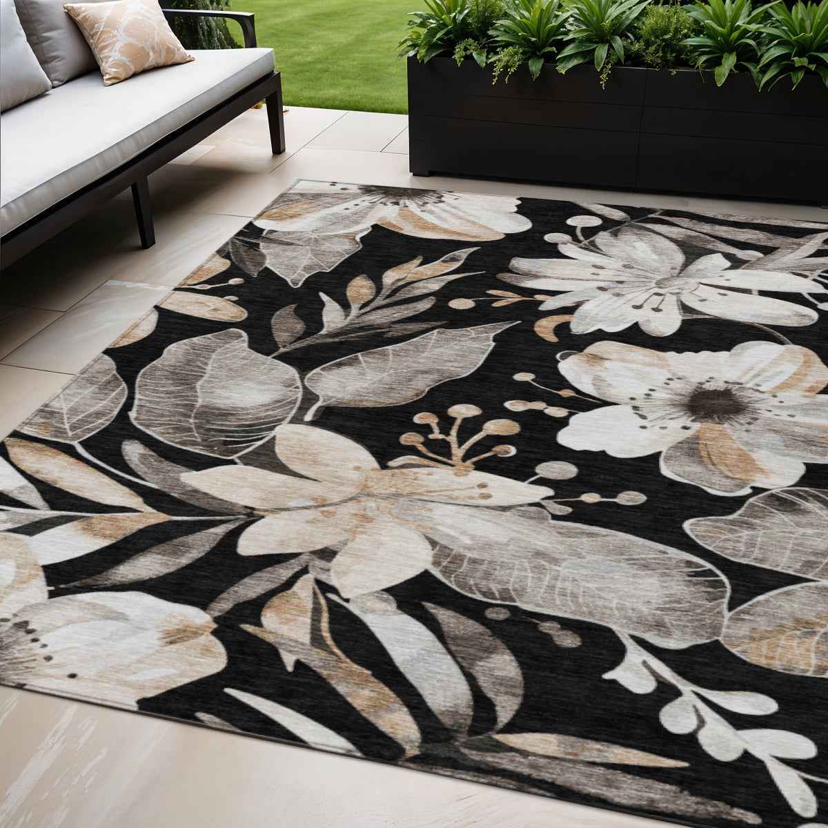 5' X 8' Black Ivory And Gold Floral Washable Indoor Outdoor Area Rug